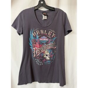 Harley‎ Davidson Shirt Womens Large Black Biker Tee T-shirt  Rhinestones  K36